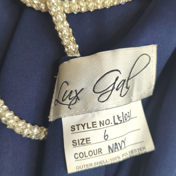 Precious Formals Lux Gal Navy Evening Gown Tiered Rhinestone Cord Neckline S - Picture 16 of 17